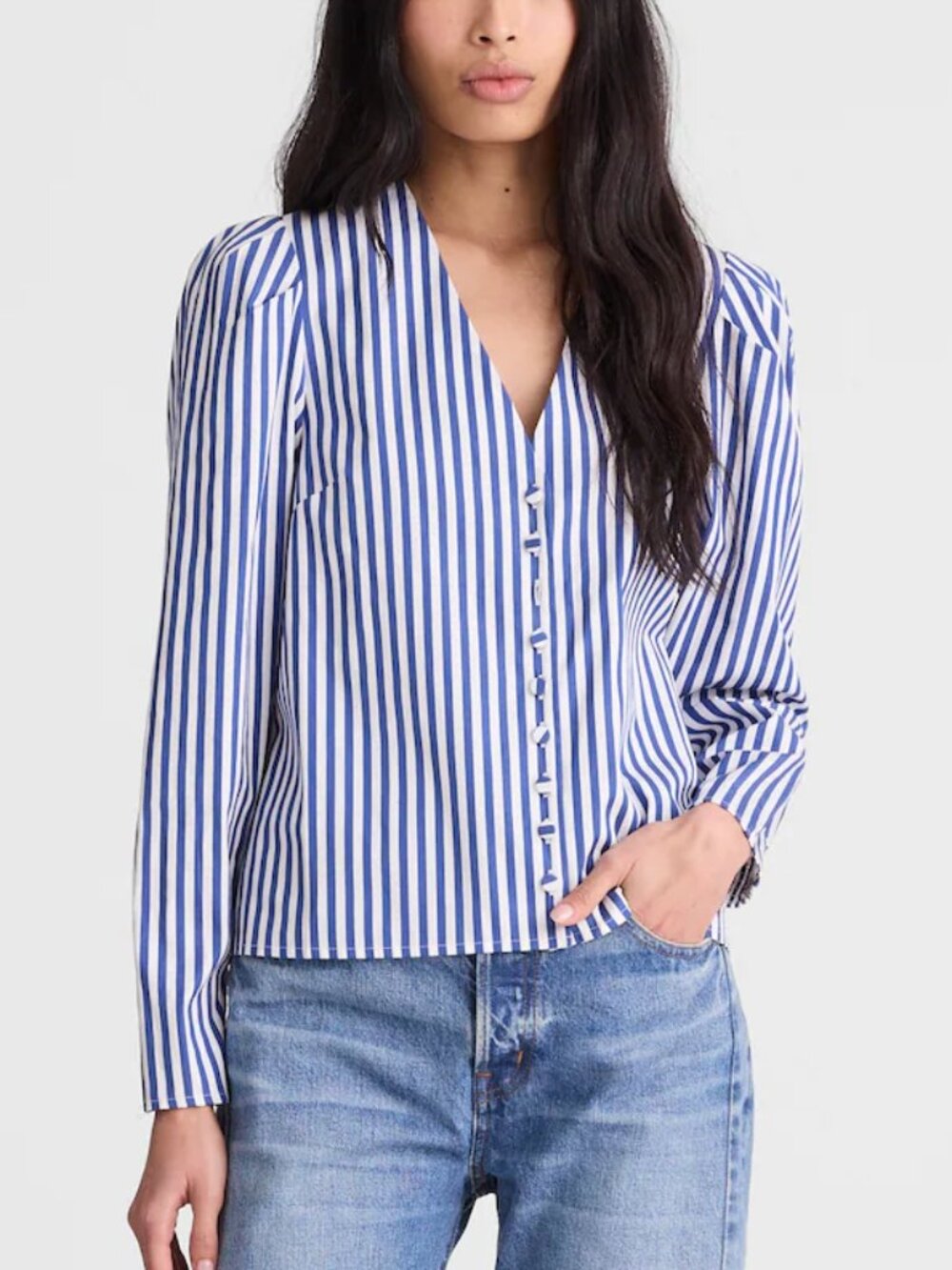 Madewell Stacked Button V-Neck Cotton Poplin Shirt Blue White Size M NWT